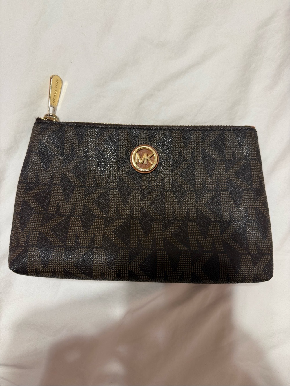 Michael Kors Dark Brown MK Logo Cosmetic Pouch with Gold Accents